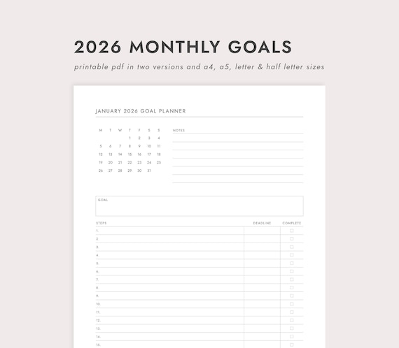 2026 Monthly Goal Planner: Two Versions - A4/A5/Letter/Half Letter Sizes (Printable PDF Download)