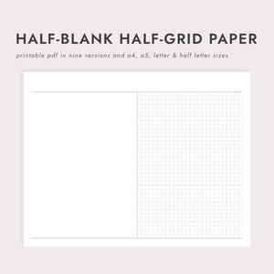 Könnte beinhalten: Ein weißes Blatt Papier, das in zwei Bereiche unterteilt ist: eine leere linke Seite und eine karierte rechte Seite. Der Text "HALF-BLANK HALF-GRID PAPER" steht oben, mit zusätzlichem Text zu druckbaren PDF-Optionen.