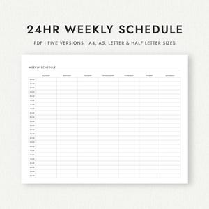 Horario semanal de 24 horas: horizontal, con inicio a las 5:00 a. m. y medianoche (tamaños A4 y carta) (Descarga PDF imprimible)