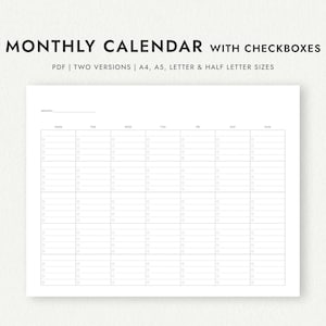 Puede incluir: Un calendario mensual en blanco y negro con casillas de verificación, que presenta una cuadrícula para los días de la semana. El texto dice: MONTHLY CALENDAR WITH CHECKBOXES, PDF | TWO VERSIONS | A4, A5, LETTER & HALF LETTER SIZES, MON, TUE, WED, THU, FRI, SAT, SUN.