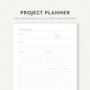 Project Planner: Two Versions - A4/A5/Letter/Half Letter Sizes (Printable PDF Download)