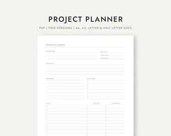 Projectplanner: twee versies: A4/A5/Letter/Half Letter-formaten (afdrukbare pdf-download)