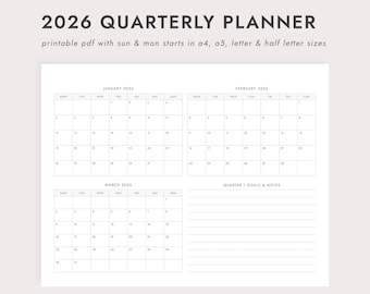 2026 Quarterly Planner - A4/A5/Letter/Half Letter Sizes (Printable PDF Download)