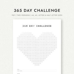 Sfida di 365 giorni: Pixel Heart - Formati A4/A5/Lettera/Mezza lettera (PDF stampabile da scaricare)