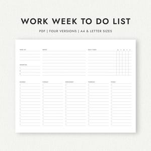 Work Week To Do List: Four Versions - A4 & Letter Sizes (Printable PDF Download)
