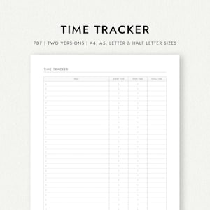 Daily Time Tracker: Task Log with Start/Stop/Total Times - A4/A5/Letter/Half Letter Sizes (Printable PDF Download)