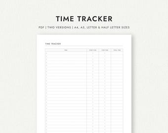 Daily Time Tracker: Task Log with Start/Stop/Total Times - A4/A5/Letter/Half Letter Sizes (Printable PDF Download)
