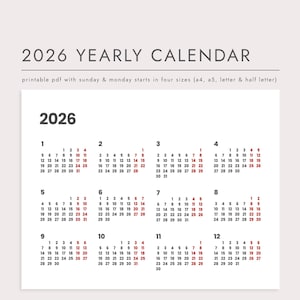 2026 Yearly Calendar, PDF Printable Planner, Instant Download, A4, A5, Letter, Half Letter, Year-at-a-Glance, Modern Minimalist Calendar