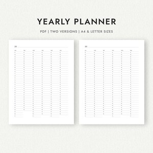 Yearly Planner: Two Page Spread with Two Versions - A4 & Letter Sizes (Printable Download)