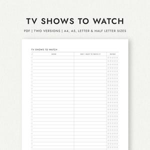 Émissions de télévision à regarder : deux versions - formats A4/A5/Lettre/Demi-lettre (téléchargement PDF imprimable)