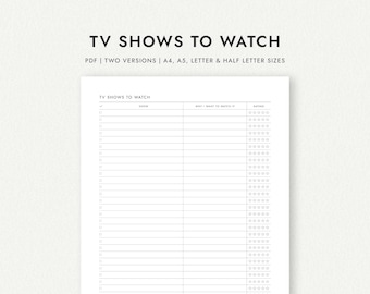 Tv-programma's om te bekijken: twee versies: A4/A5/Letter/Half Letter (afdrukbare pdf-download)