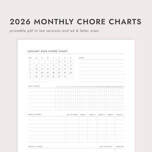 May include: A white printable 2026 monthly chore chart with the text "2026 MONTHLY CHORE CHARTS". The chart includes sections for daily, weekly, and monthly chores, with a January 2026 calendar.