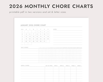 2026 Monthly Chore Charts: Daily, Weekly, Monthly Chores - A4/A5/Letter/Half Letter Sizes (Printable PDF Download)