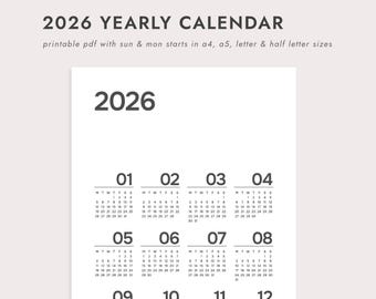 PDF 2026 jaarkalender in één oogopslag: A4/A5/Letter/Half Letter (afdrukbare download)