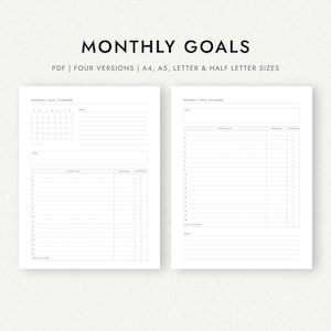 Monthly Goal Planner: Four Versions - A4/A5/Letter/Half Letter Sizes (Printable PDF Download) image 1