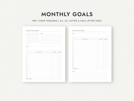 Monthly Goal Planner: Four Versions - A4/A5/Letter/Half Letter Sizes (Printable PDF Download)