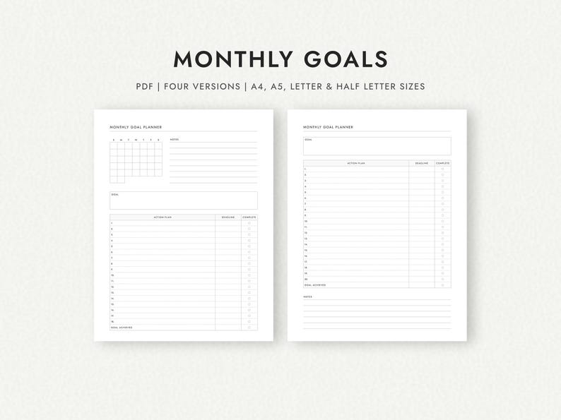 Monthly Goal Planner: Four Versions - A4/A5/Letter/Half Letter Sizes (Printable PDF Download) image 1