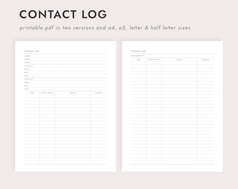 PDF Kontakt Log: Doppelseite - A4/A5/Letter/Half Letter (druckbare Datei zum Download)