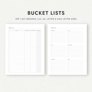 Bucket Lists: Six Versions - A4/A5/Letter/Half Letter Sizes (Printable PDF Download)