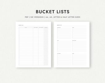 Bucket Lists: Six Versions - A4/A5/Letter/Half Letter Sizes (Printable PDF Download)
