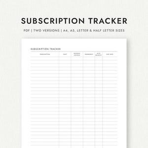 Seguimiento de suscripciones: Dos versiones: A4, A5, Carta y Media Carta (Descarga PDF imprimible)