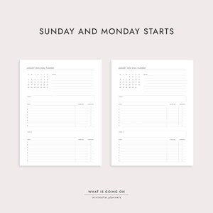 May include: Two white minimalist planner pages with the text "SUNDAY AND MONDAY STARTS" at the top. Each page has a calendar, space for notes, goals, and comments. The bottom of the image reads "WHAT IS GOING ON minimalist planners."