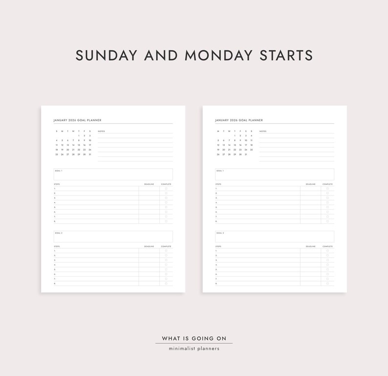 May include: Two white minimalist planner pages with the text "SUNDAY AND MONDAY STARTS" at the top. Each page has a calendar, space for notes, goals, and comments. The bottom of the image reads "WHAT IS GOING ON minimalist planners."