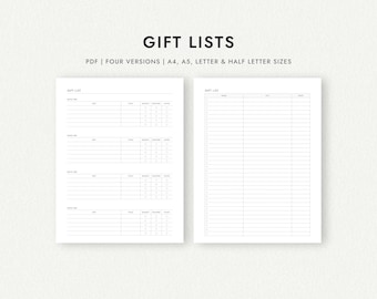 Gift Lists: Four Versions - A4/A5/Letter/Half Letter Sizes (Printable PDF Download)