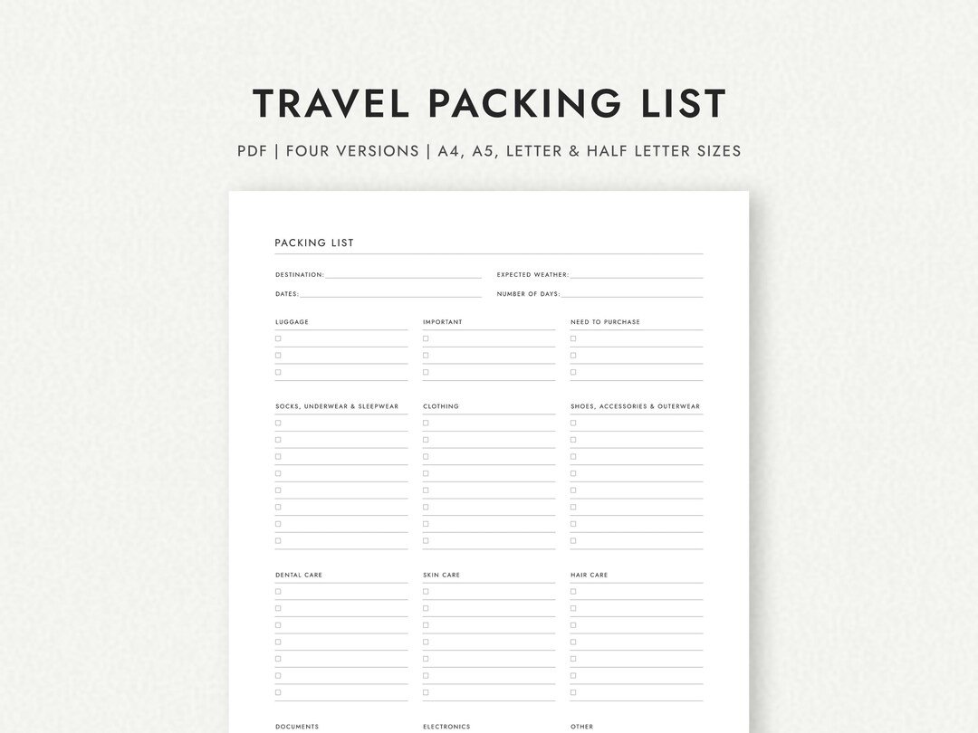 Packing Letters Travel Packing List: Four Versions - A4/a5/letter/half Letter Sizes ...