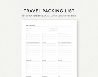 Travel Packing List: Four Versions - A4/A5/Letter/Half Letter Sizes (Printable PDF Download)