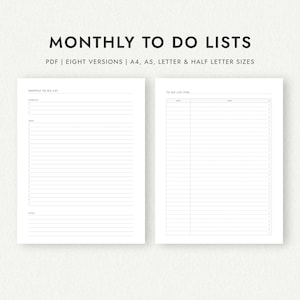 Monthly To Do Lists: Eight Versions - A4/A5/Letter/Half Letter Sizes (Printable PDF Download)