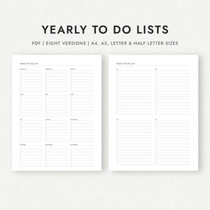 Yearly To Do List: Acht Versionen in den Größen A4/A5/Letter/Half Letter (Printable PDF Download)