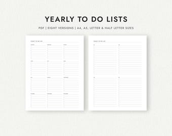 Yearly To Do List: Eight Versions - A4/A5/Letter/Half Letter Sizes (Printable PDF Download)