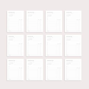 May include: A collection of twelve white paper planner pages, each with a month's calendar at the top and lined sections below. The pages are arranged in a grid, with each page labeled with a month from January to December.