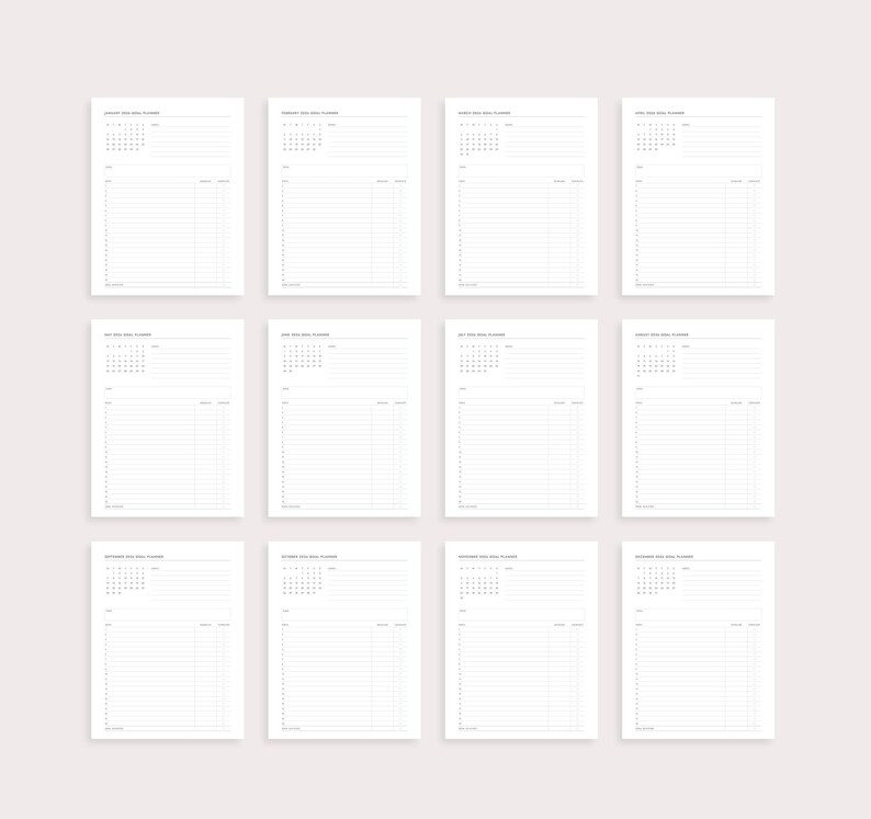 May include: A collection of twelve white paper planner pages, each with a month's calendar at the top and lined sections below. The pages are arranged in a grid, with each page labeled with a month from January to December.