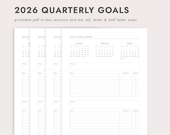 2026 Quarterly Goals Planner - A4/A5/Letter/Half Letter Sizes (Printable PDF Download)