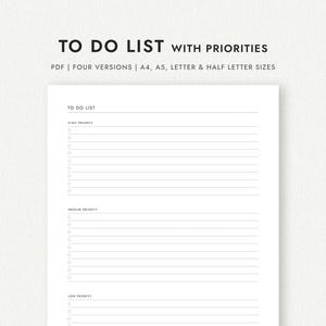 To Do List with Priorities: Four Versions - A4/A5/Letter/Half Letter Sizes (Printable PDF Download)