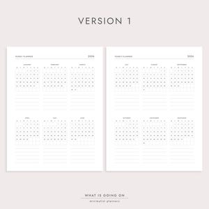May include: A minimalist yearly planner for 2026, featuring a clean, grid-based layout with monthly calendars. The design is in black and white, with the text "VERSION 1" at the top and "WHAT IS GOING ON minimalist planners" at the bottom.