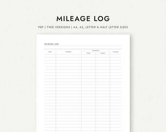 Mileage Log - A4/A5/Letter/Half Letter Sizes (Printable PDF Download)