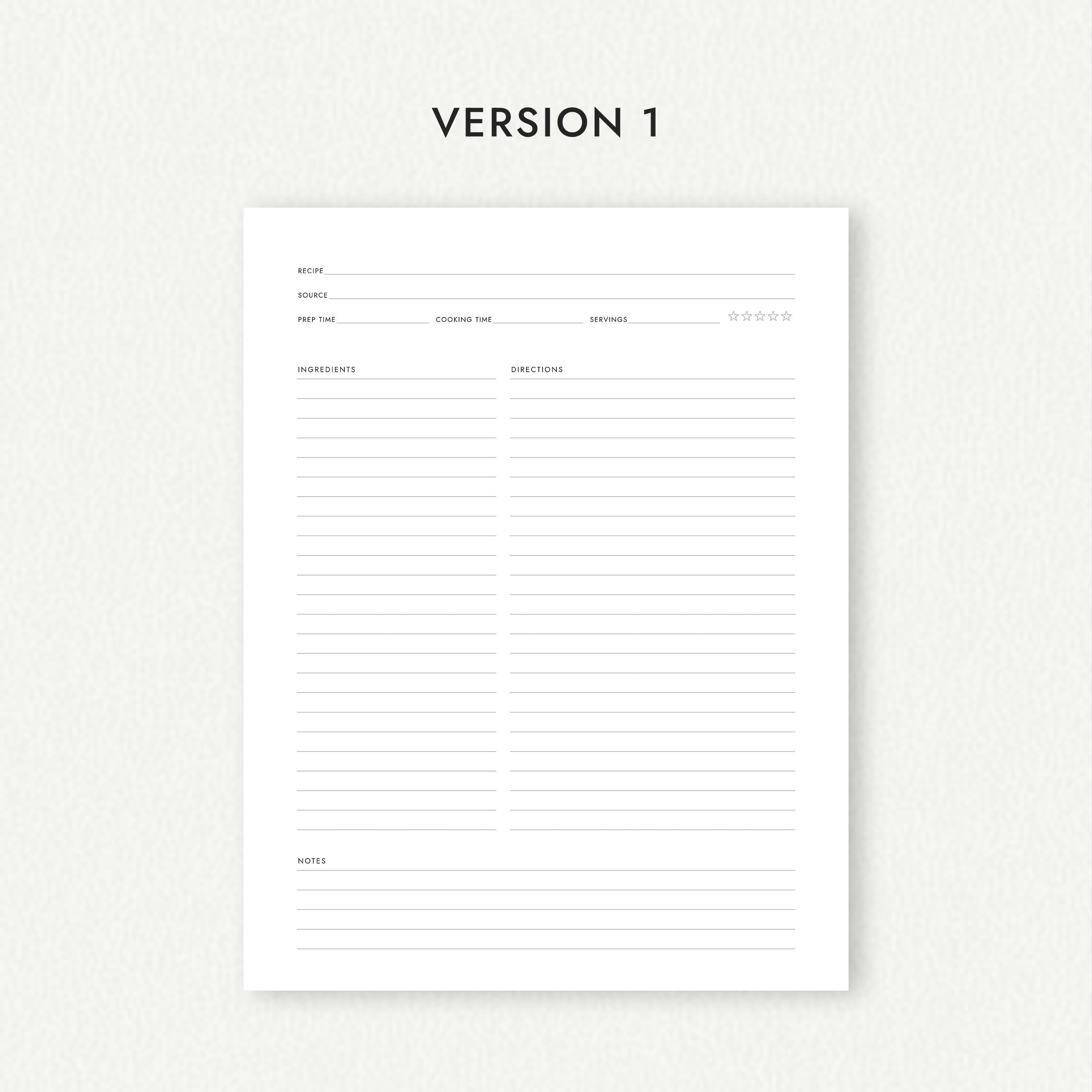 Recipe Template: One and Two-page Versions - A4/a5/letter/half Letter ...