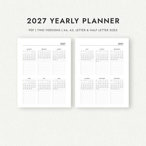 May include: A 2027 yearly planner digital file featuring two pages with monthly calendars and lined note sections. The text reads 2027 YEARLY PLANNER, PDF | TWO VERSIONS | A4, A5, LETTER & HALF LETTER SIZES, with months from January to December.