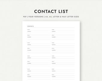 Contact List: Four Versions - A4/A5/Letter/Half Letter Sizes (Printable PDF Download)
