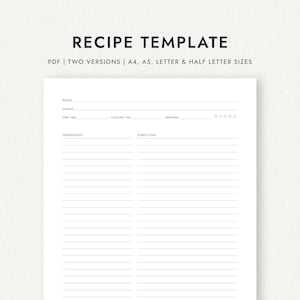Rezeptvorlage: Einseitige und zweiseitige Versionen - Größen A4/A5/Letter/Half Letter (druckbare PDF-Datei zum Herunterladen)