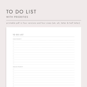 To Do List with Priorities, PDF Printable Planner, Instant Download, A4/A5/Letter/Half Letter, Priority To Do Lists, Task Prioritization