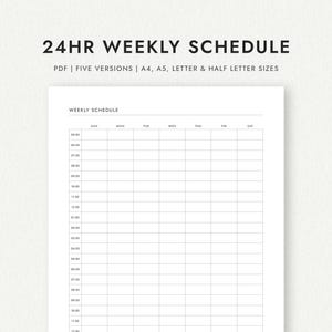 Horario semanal de 24 horas: domingo/lunes y comienzo a las 5 a. m. o medianoche - A4/A5/Carta/Media Carta (Descarga PDF imprimible)