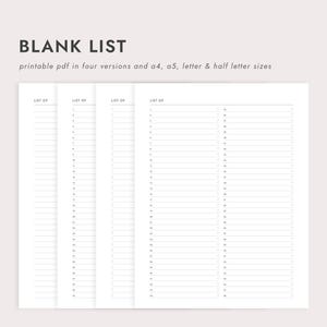 Może przedstawiać: Biała, drukowana "BLANK LIST" w czterech wersjach, w tym A4, A5, letter i half letter. Lista ma ponumerowane wiersze i pola wyboru. Tekst "LIST OF" znajduje się na górze każdej listy.