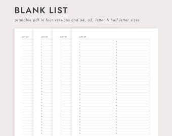 Blanco lijst: genummerd of met selectievakjes: A4/A5/Letter/Half Letter (afdrukbare pdf-download)