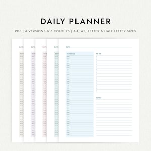 Daily Planner: Pastel Green, Blue, Pink, Purple & Brown Options - A4/A5/Letter/Half Letter Sizes (Printable PDF Download)