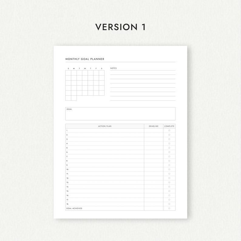 Monthly Goal Planner: Four Versions - A4/A5/Letter/Half Letter Sizes (Printable PDF Download) image 3