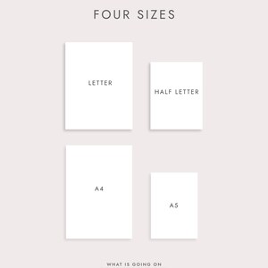May include: A minimalist design featuring four paper sizes: Letter, Half Letter, A4, and A5. The text "FOUR SIZES" is at the top, with the brand name "WHAT IS GOING ON" and "minimalist planners" at the bottom. The papers are white against a light background.